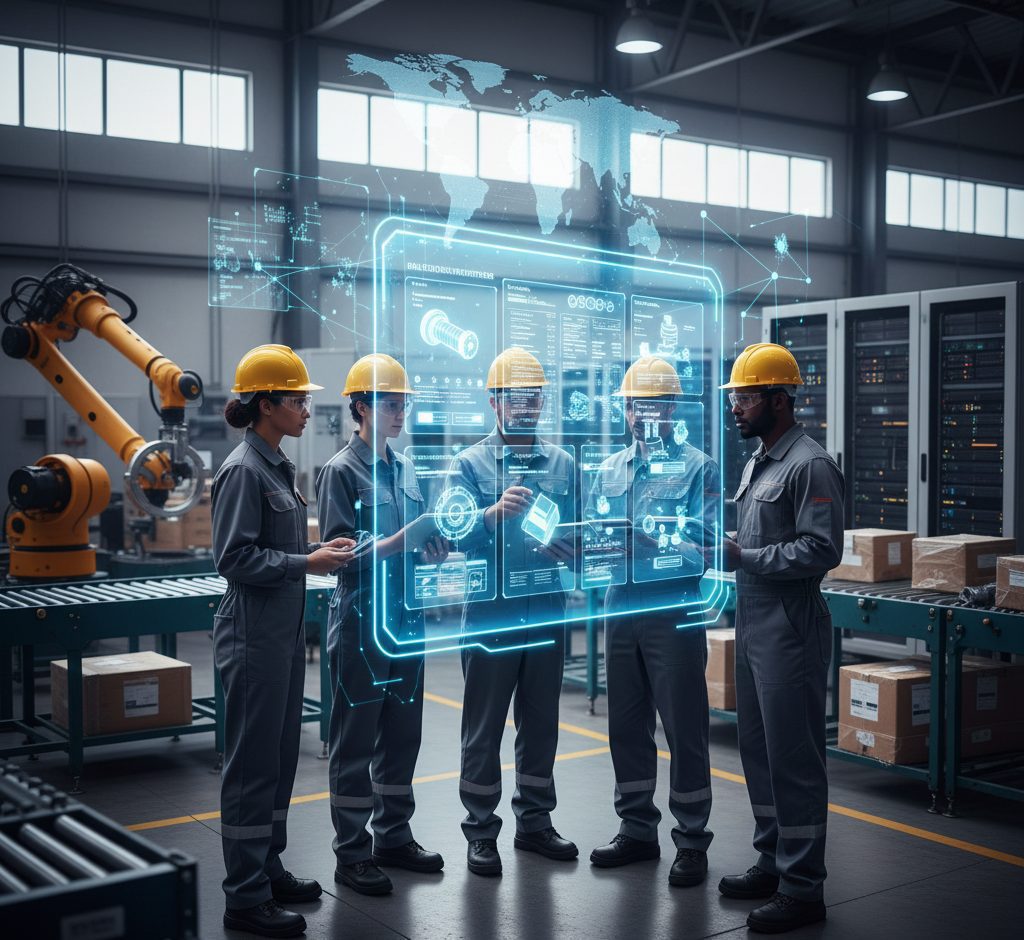 Dos ingenieros (un hombre y una mujer) en un almacén o centro de distribución industrial moderno, interactuando con una interfaz digital flotante que muestra datos y un mapa mundial conectado, simbolizando la logística B2B y la tecnología de eComm360.